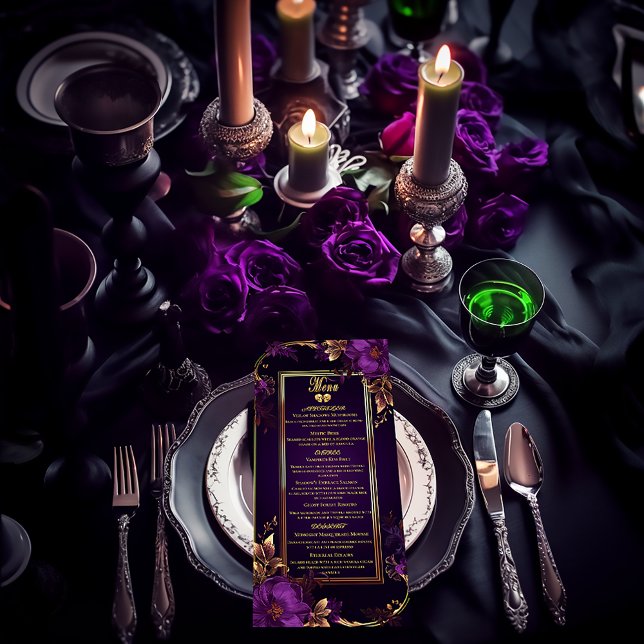 Elegant Mystical Gothic Purple and Gold Wedding Menu (Elegant Vintage Gothic Purple and Gold Stylish Moody Wedding Menu)