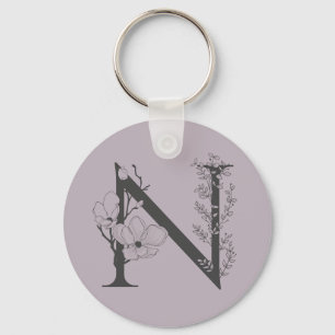 Elegant N Boho Floral Monogram Initial Lilac Gray Keychain