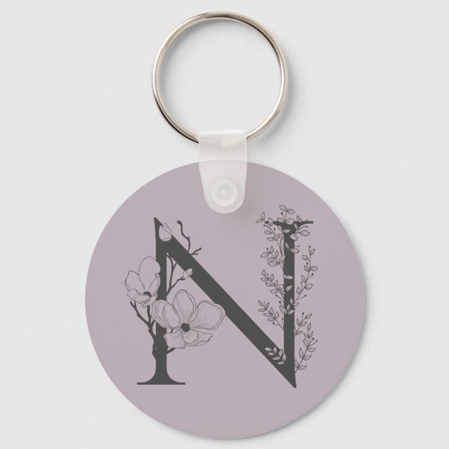 Elegant N Boho Floral Monogram Initial Lilac Gray Keychain (Front)
