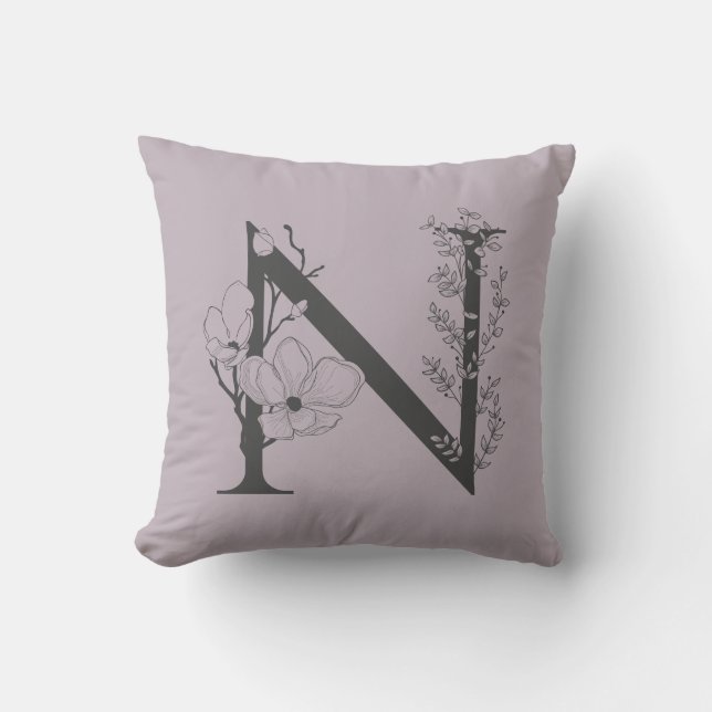 Elegant N Boho Floral Monogram Initial Lilac Gray Throw Pillow (Front)