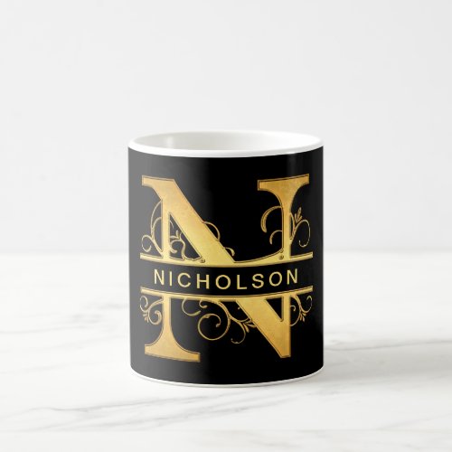 Elegant N Monogram Personalized Name Black Gold Coffee Mug