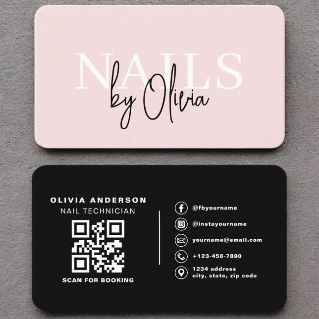 Elegant Nail Artist Black Blush Pink QR Code Business Card (Creator Uploaded)