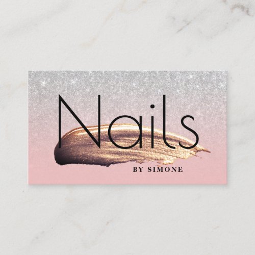 Elegant nail polish stroke pink silver glitter business card