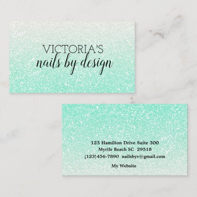 Elegant Nail Tech Mint Green Glitter Business Card (Front/Back)