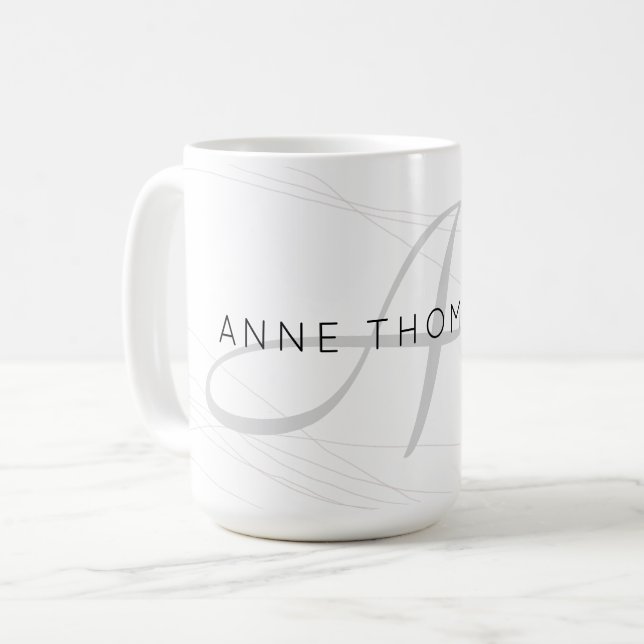 elegant name and initial (monogram) white 15 oz coffee mug (Front Left)