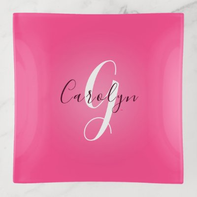 Elegant name and initial on shocking pink gradient trinket tray