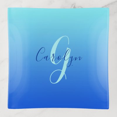 Elegant name and initial on vivid blue gradient trinket tray