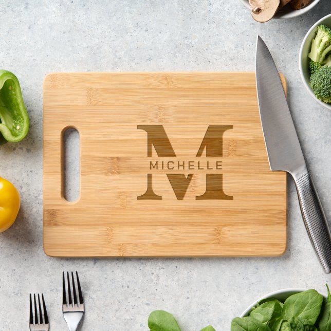 Elegant Name and Monogram Frame  Engraved Cutting Board (Kitchen Counter)