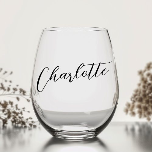 Elegant name calligraphy script stemless wine glass