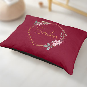 Elegant Name & Cherry Blossom Burgundy Red Dog Bed