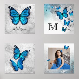 Elegant Name Fairy Tale Watercolor Blue Butterfly Wall Art Sets