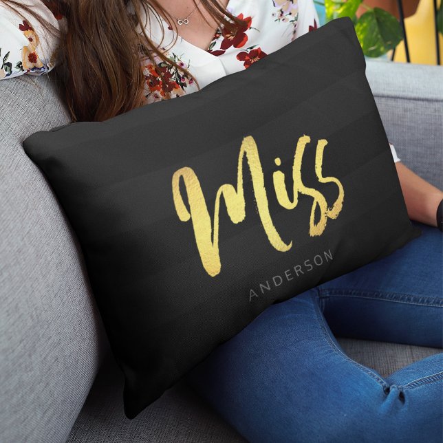 Elegant Name Faux Gold Miss Black Stripes Lumbar Pillow (Creator Uploaded)