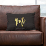 Elegant Name Faux Gold Mr Black Stripes Lumbar Pillow<br><div class="desc">Pillow featuring "Mr" in faux gold brush script against a black stripes stripes pattern background. Great for newly weds or anniversaries. Personalize it by replacing the placeholder text. For more options such as to change the font and it's size click the "Customize it" button. *Please note that the Zazzle Watermark...</div>