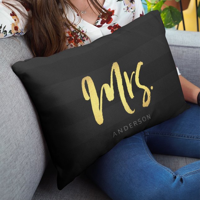 Elegant Name Faux Gold Mrs Black Stripes Lumbar Pillow (Creator Uploaded)