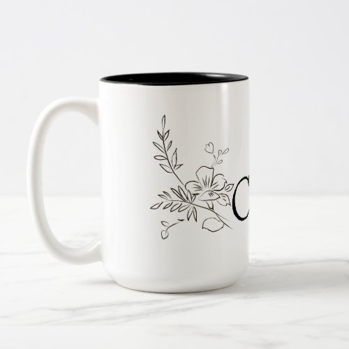 Elegant name flower line black white  Two_Tone coffee mug