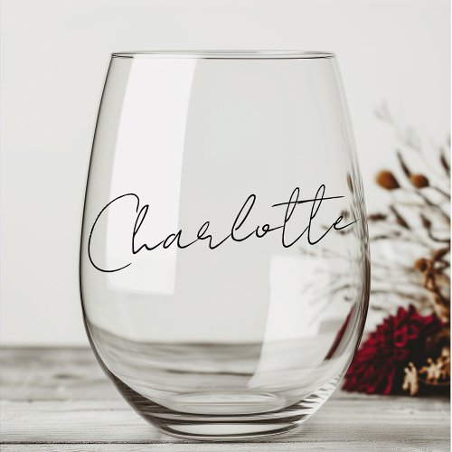 Elegant name in handwritten style script stemless wine glass