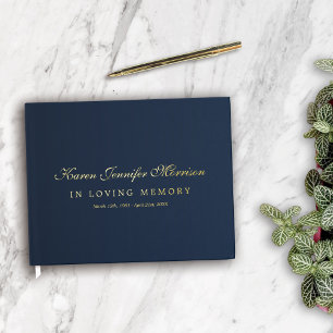Elegant Name In Script Navy Blue In Loving Memory Foil Guest Book