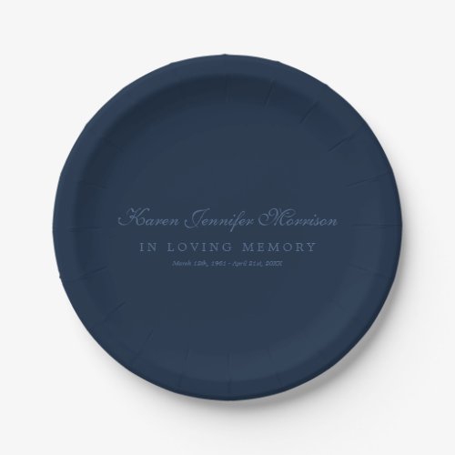 Elegant Name In Script Navy Blue In Loving Memory Paper Plates