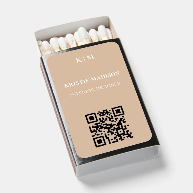 Elegant Name Initials Qr Code beige Matchbox Matchboxes (Front Open)