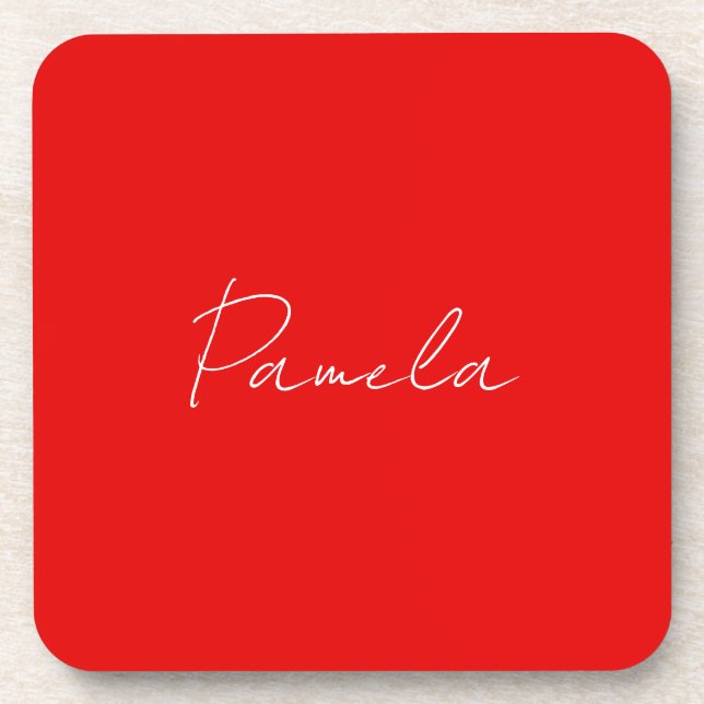 Elegant Name Minimalist Classical Warm Red Beverage Coaster (Front)