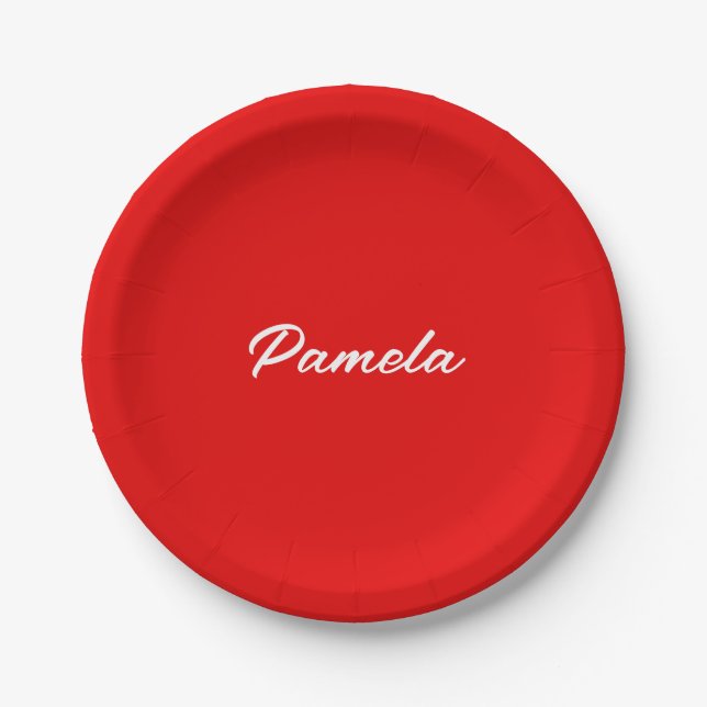 Elegant Name Minimalist Classical Warm Red Paper Plates (Front)