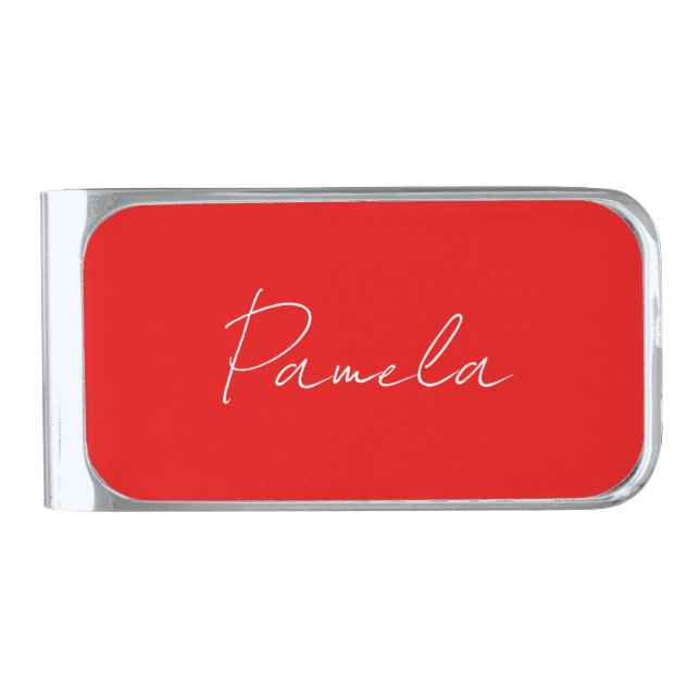 Elegant Name Minimalist Classical Warm Red Silver Finish Money Clip (Front)