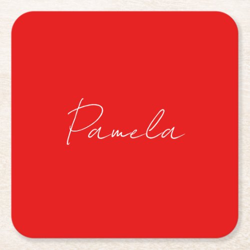 Elegant Name Minimalist Classical Warm Red Square Paper Coaster
