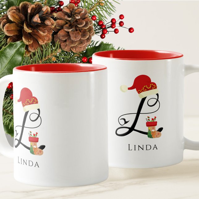 Elegant Name Modern Monogram Letter L Christmas Two-Tone Coffee Mug (Creator Uploaded)
