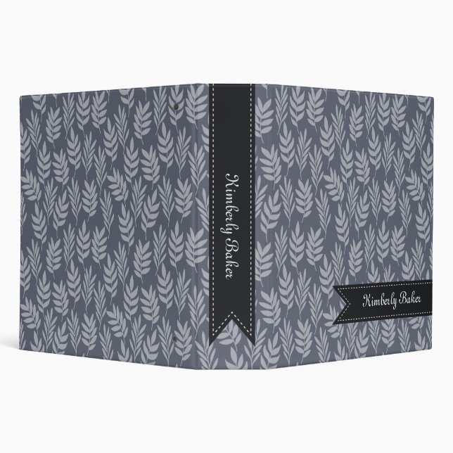 Elegant Name Modern Slate Gray Leaves Pattern Binder (Background)