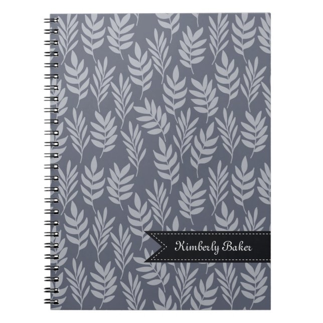 Elegant Name Modern Slate Gray Leaves Pattern Notebook (Front)