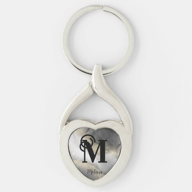 Elegant Name Monogram Black and Gold  Keychain (Front)