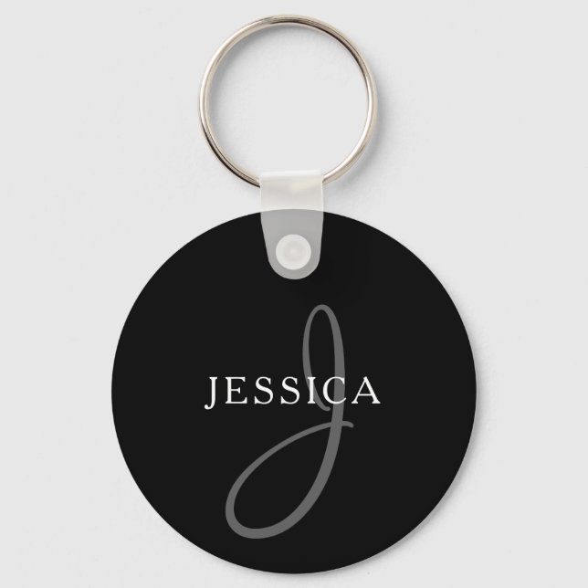 Elegant Name Monogram | Black White & Gray Keychain (Front)