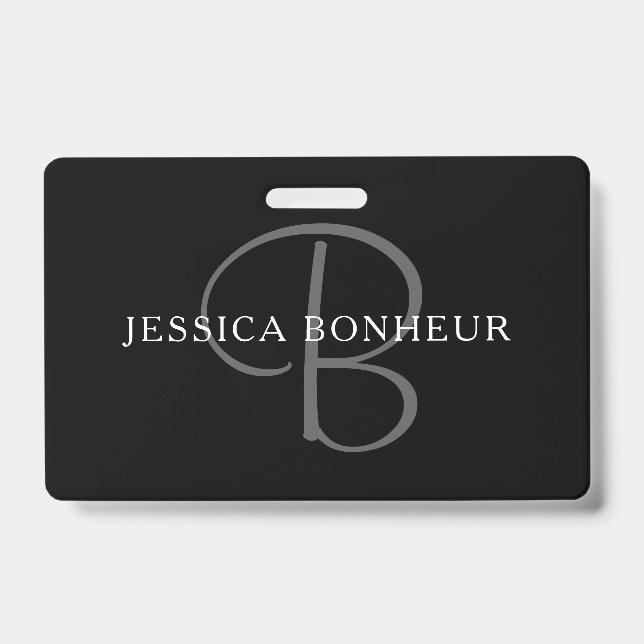 Elegant Name Monogram | Black White & Grey Badge (Front)