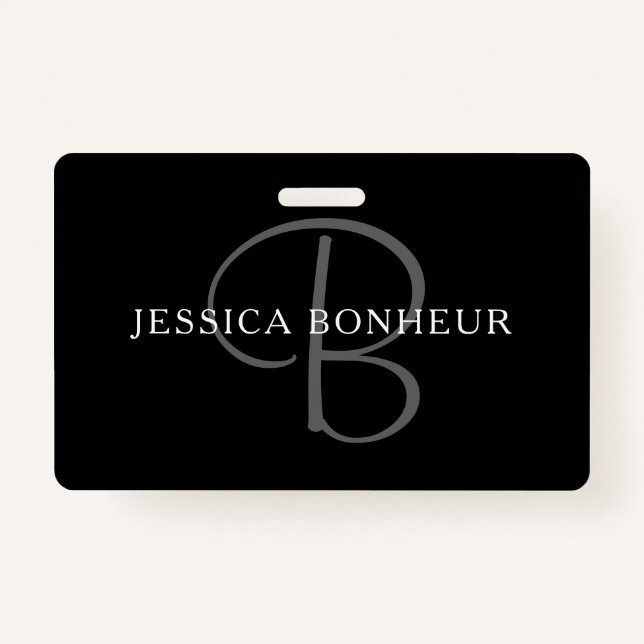 Elegant Name Monogram | Black White & Grey Badge (Front)