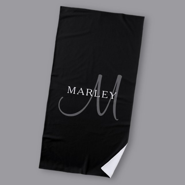 Elegant Name Monogram | Black White & Grey Beach Towel (Creator Uploaded)