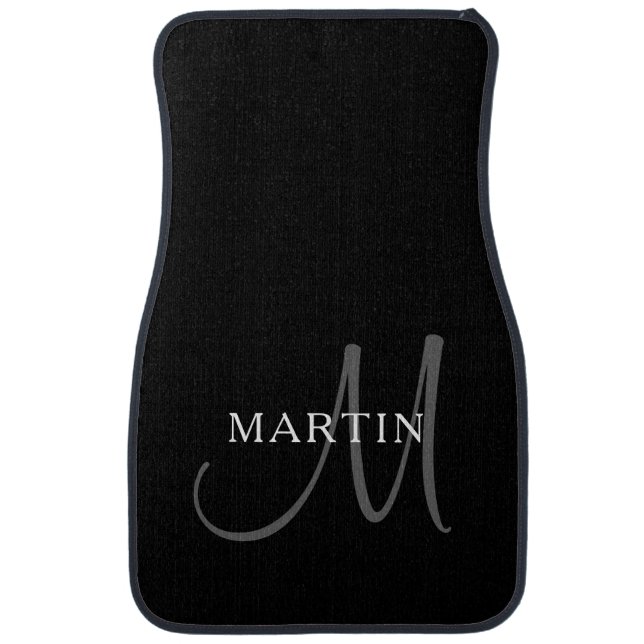 Elegant Name Monogram | Black White & Grey Car Floor Mat (Front)