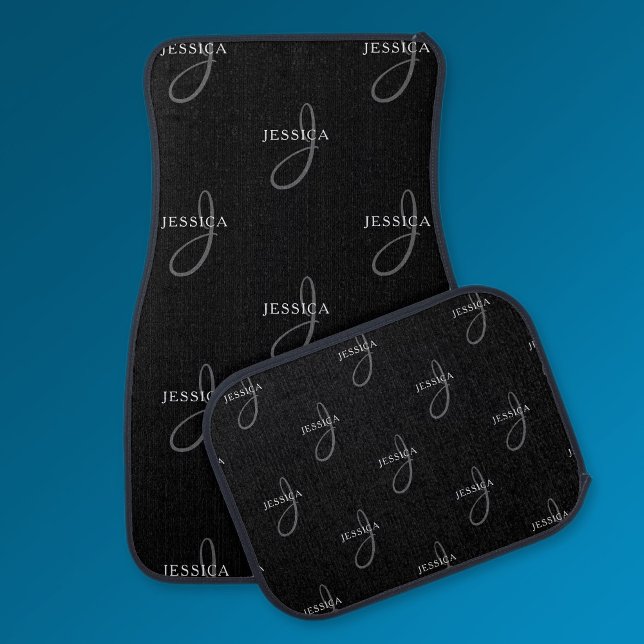 Elegant Name & Monogram | Black, White & Grey Car Floor Mat (Creator Uploaded)