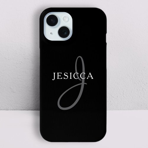 Elegant Name Monogram  Black White  Grey iPhone 15 Case