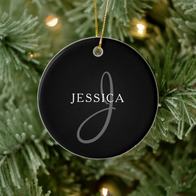Elegant Name Monogram | Black White & Grey Ceramic Ornament (Tree)