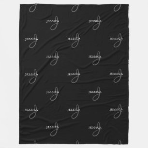 Elegant Name & Monogram Black, White & Grey Fleece Blanket