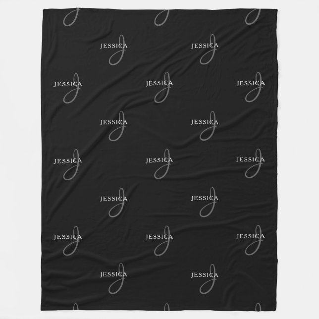 Elegant Name & Monogram | Black, White & Grey Fleece Blanket (Front)