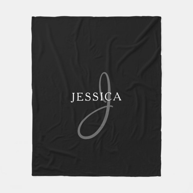 Elegant Name Monogram | Black White & Grey Fleece Blanket (Front)