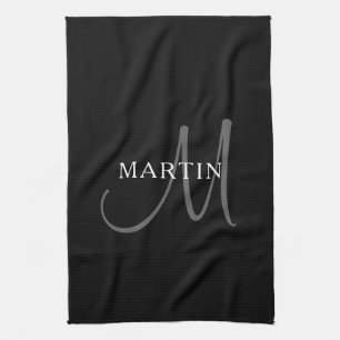 Elegant Name Monogram   Black White & Grey Kitchen Towel