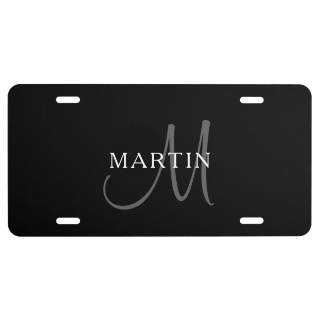Elegant Name Monogram | Black White & Grey License Plate (Front)