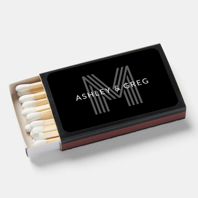 Elegant Name Monogram | Black White & Grey Matchboxes (Front Open)