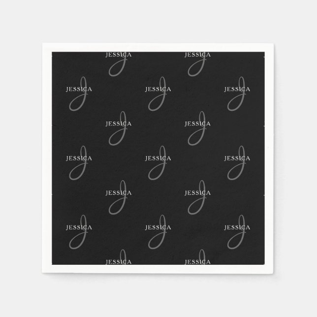 Elegant Name & Monogram | Black, White & Grey Napkins (Front)