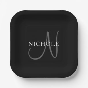 Elegant Name Monogram Black White & Grey Paper Plates