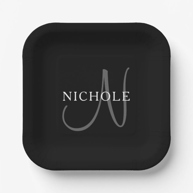 Elegant Name Monogram | Black White & Grey Paper Plates (Front)
