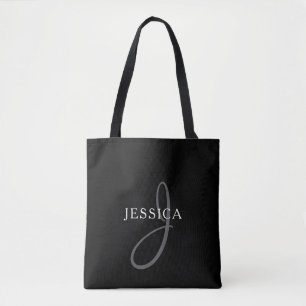 Elegant Name Monogram Black White & Grey Tote Bag