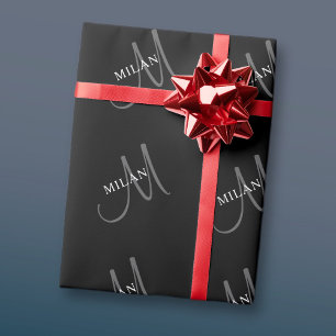 Elegant Name Monogram Black White & Grey Wrapping Paper